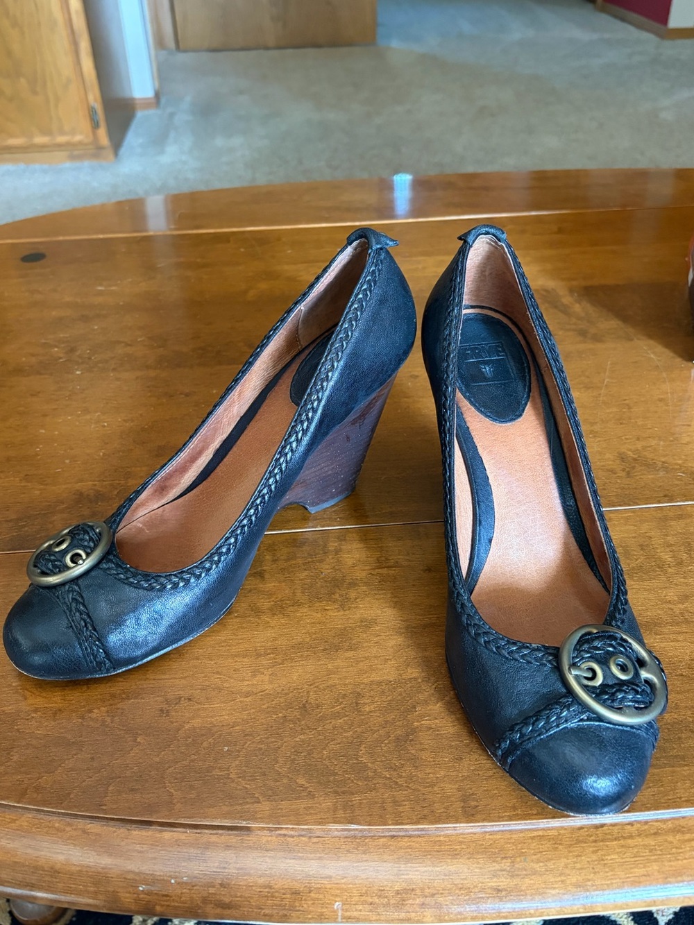 Frye Black Leather Round Toe Wedge Pumps